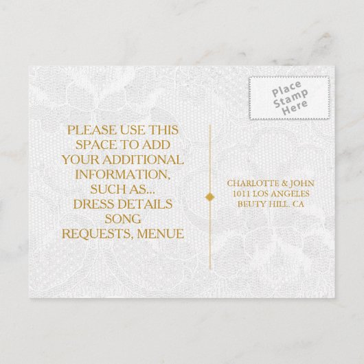 Royal Personalized RSVP Golden White Lace Briefkaa Uitnodiging Briefkaart (Achterkant)