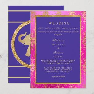 Royal Pink & Blue Colorful Wedding Invitation Kaart