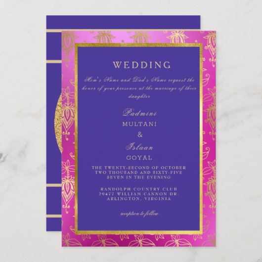 Royal Pink & Blue Colorful Wedding Invitation Kaart (Voorkant / Achterkant)