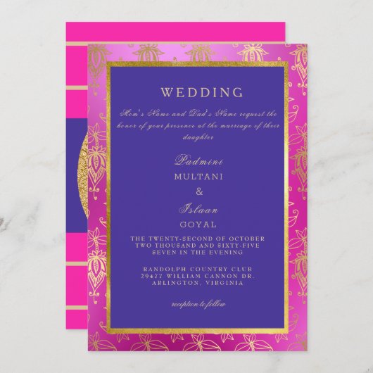 Royal Pink en Blue Colorful Wedding Invitation Kaart (Voorkant / Achterkant)
