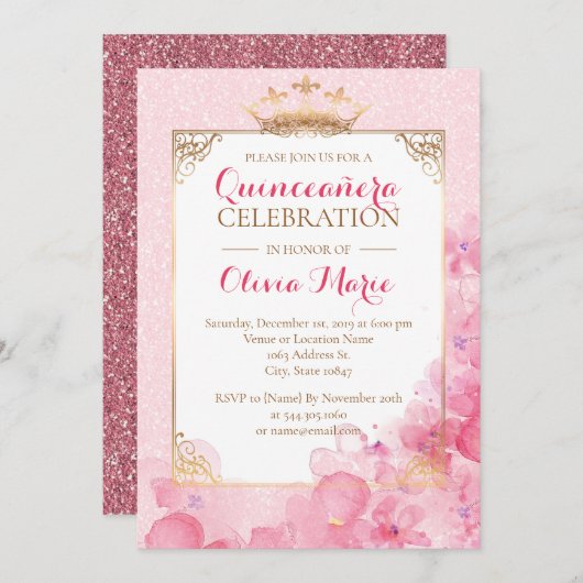 Royal Pink en Gold Quinceanera Uitnodiging (Voorkant / Achterkant)