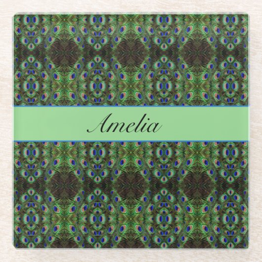 Royal Plumage - Luxe Pauw Veer Patroon Glazen Onderzetter (Voorkant)