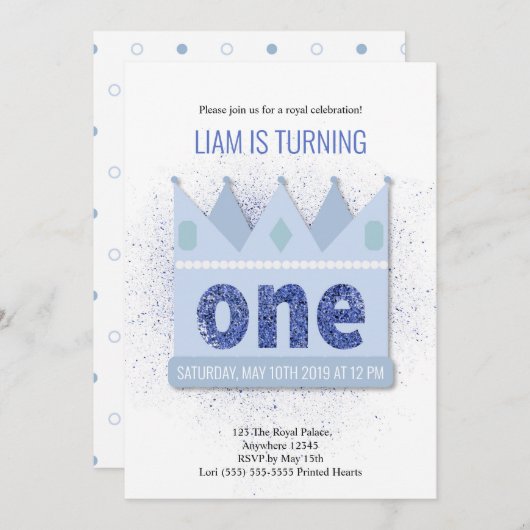 Royal Prince 1e verjaardag uitnodiging | Kroon (Voorkant / Achterkant)
