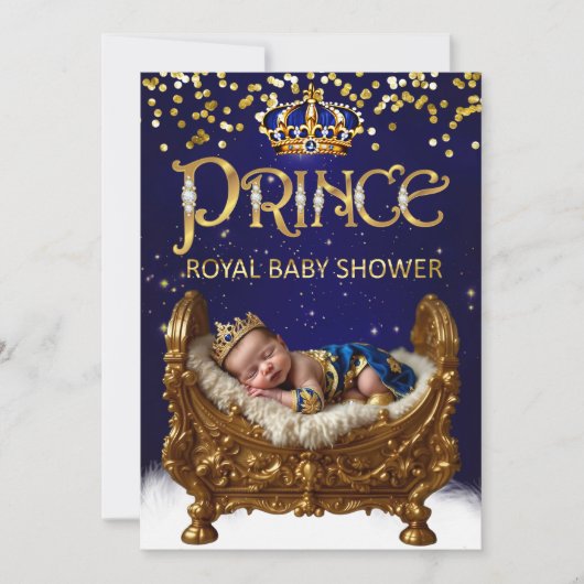 Royal Prince Baby Shower Blue Gold Crib Glitter Kaart (Voorkant)