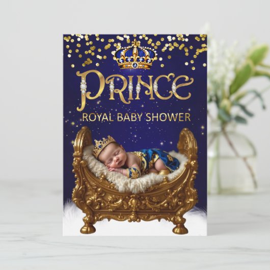 Royal Prince Baby Shower Blue Gold Crib Glitter Kaart (Staand voorkant)