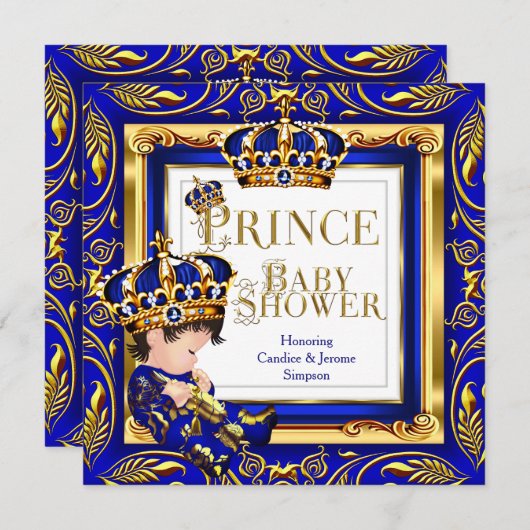 Royal Prince Baby shower Blue Gold Crown Brunette Kaart (Voorkant / Achterkant)