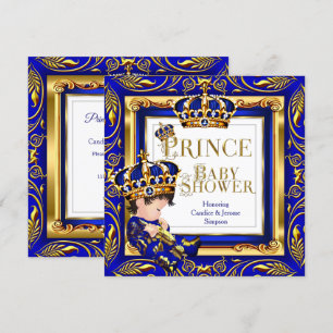 Royal Prince Baby shower Blue Gold Crown Brunette Kaart