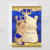 Royal Prince Baby shower Blue Gold Damask Brunette Kaart (Voorkant)