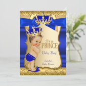 Royal Prince Baby shower Blue Gold Damask Brunette Kaart (Staand voorkant)