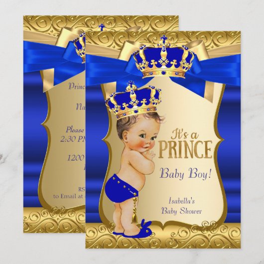 Royal Prince Baby shower Blue Gold Damask Brunette Kaart (Voorkant / Achterkant)