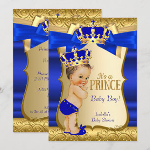 Royal Prince Baby shower Blue Gold Damask Brunette Kaart