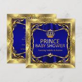Royal Prince Baby shower Boy Blue Gold Uitnodiging (Voorkant / Achterkant)
