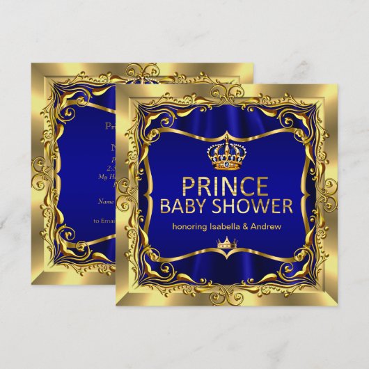 Royal Prince Baby shower Boy Blue Gold Uitnodiging (Voorkant / Achterkant)