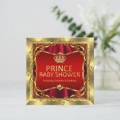 Royal Prince Baby shower Boy Red Gold Invitation Kaart (Staand voorkant)
