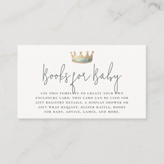 Royal Prince Blue Crown Baby shower boeken voor Ba Informatiekaartje (Voorkant)