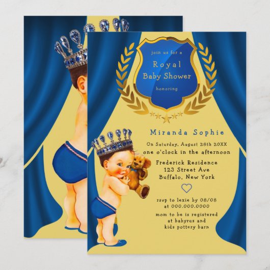 Royal Prince Blue en Gold Baby shower Kaart (Voorkant / Achterkant)