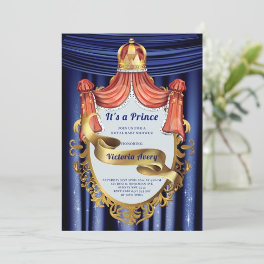 Royal Prince Blue Gold Baby shower Kaart (Staand voorkant)