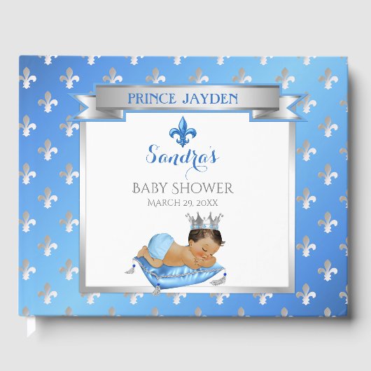 Royal Prince Blue Silver Baby Boy Fleur Pillow Gastenboek (Voorkant)