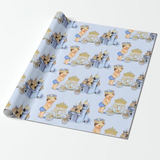 Royal Prince Castle Carriage Blue Gold Boy Cadeaupapier (Uitgerold)