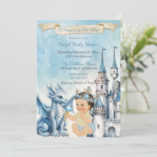 Royal Prince Castle Draak Kroon Blauw Goud Jongen Kaart (Staand voorkant)