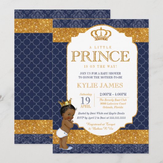 Royal Prince Navy Blauw Goud Wit Baby shower 2 Kaart (Voorkant / Achterkant)