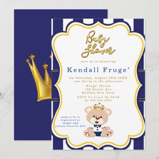 Royal Prince Teddy Bear Baby Shower Invitaties (Voorkant / Achterkant)