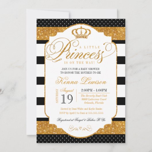 Royal Princess Black White Stripe Gold Baby shower Kaart (Voorkant)