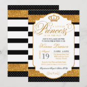Royal Princess Black White Stripe Gold Baby shower Kaart (Voorkant / Achterkant)