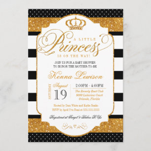 Royal Princess Black White Stripe Gold Baby shower Kaart