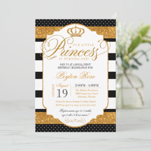 Royal Princess Black White Stripe Gouden Verjaarda Kaart (Staand voorkant)