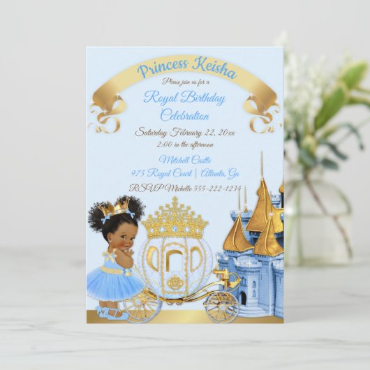 Royal Princess Castle Carriage Blue Gold Girl Kaart (Staand voorkant)