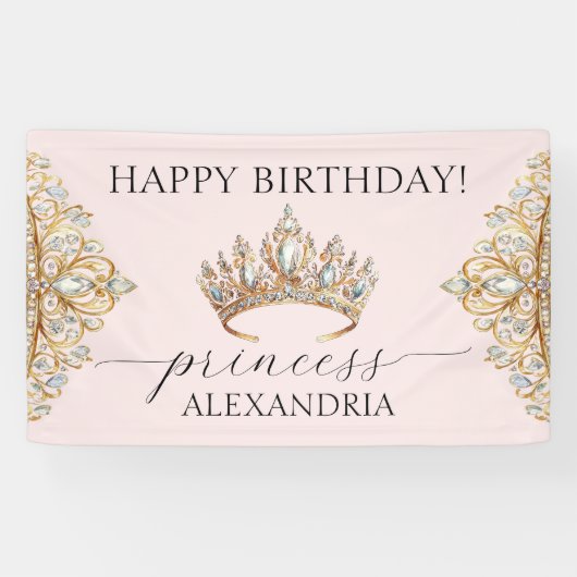 Royal Princess Crown Girl Verjaardagsfeestje Banne Spandoek (Horizontaal)