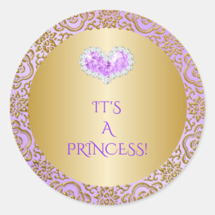 Royal Princess Lila & Gold Diamond Heart Gem Ronde Sticker
