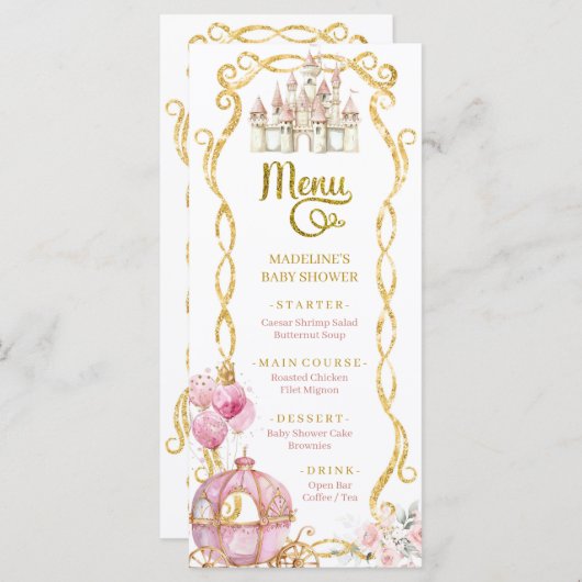 Royal Princess Pink Carriage Baby shower Menu (Voorkant / Achterkant)