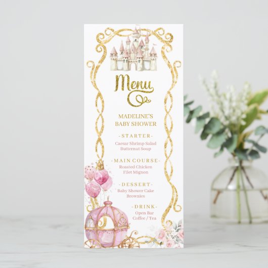 Royal Princess Pink Carriage Baby shower Menu (Staand voorkant)