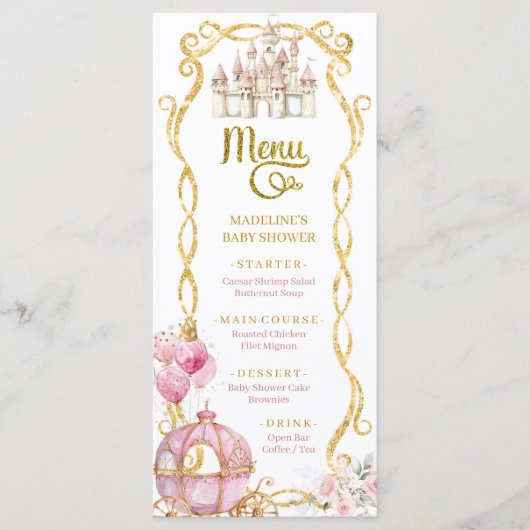 Royal Princess Pink Carriage Baby shower Menu (Voorkant)