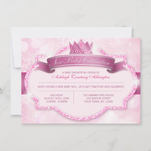 Royal Princess Pink Glitter Baby shower Invitation Kaart (Voorkant)