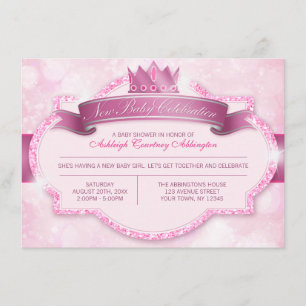 Royal Princess Pink Glitter Baby shower Invitation Kaart