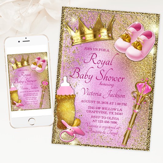 Royal Princess Pink Gold Baby shower Kaart
