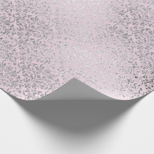 Royal Princess Pink Silver Damask Shiny Cadeaupapier (Hoek)