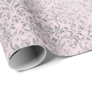 Royal Princess Pink Silver Damask Shiny Cadeaupapier