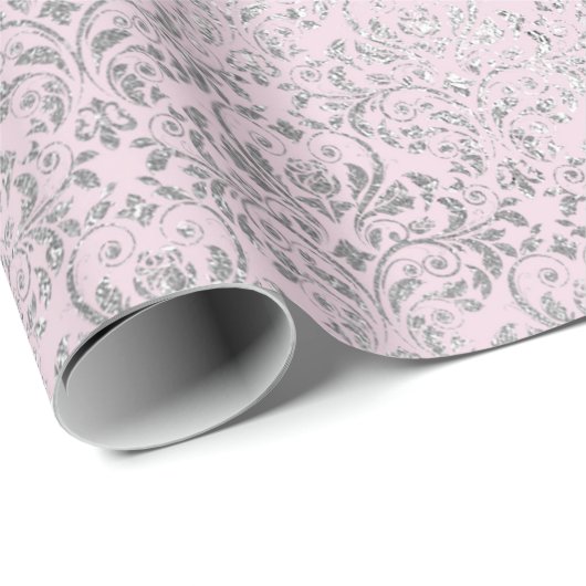 Royal Princess Pink Silver Damask Shiny Cadeaupapier (Rol Hoek)