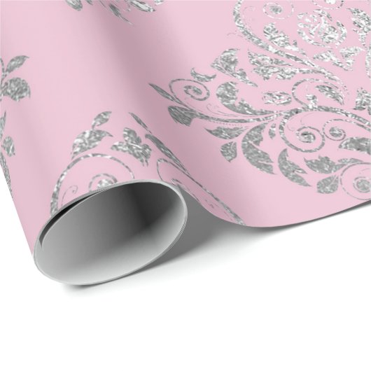 Royal Princess Pink Silver Damask Shiny Cadeaupapier (Rol Hoek)
