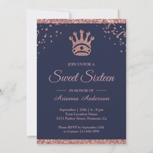 Royal Princess Roos Gold Glitter Sweet Sixteen Kaart (Voorkant)