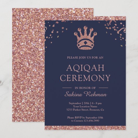 Royal Princess Roos Gouden Glitter Aqeeqah | Aqiqa Kaart (Voorkant / Achterkant)