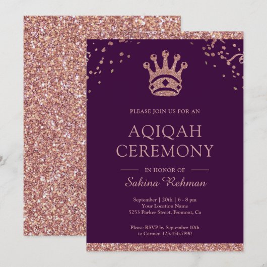 Royal Princess Roos Gouden Glitter Aqeeqah | Aqiqa Kaart (Voorkant / Achterkant)