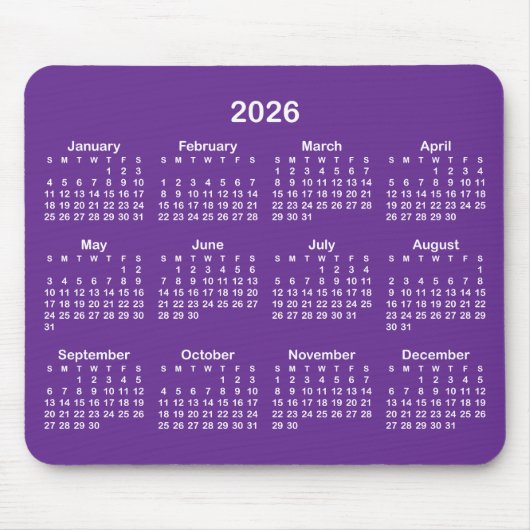 Royal Purple and White 2026 Calendar Muismat (Voorkant)
