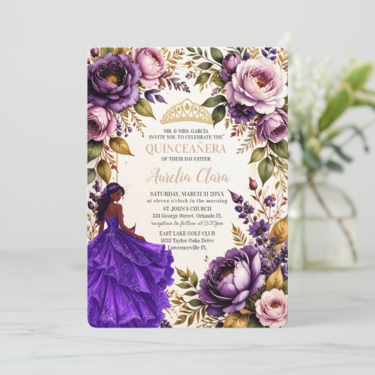 Royal Purple Blush Floral Princess Quinceanera 16 Kaart (Staand voorkant)