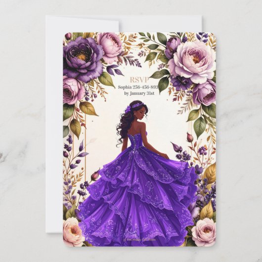Royal Purple Blush Floral Princess Quinceanera 16 Kaart (Achterkant)