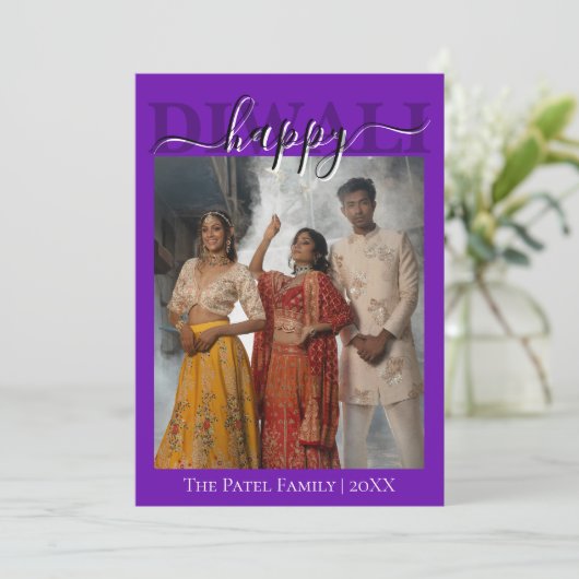 Royal Purple Calligraphy Photo Happy Diwali  Feestdagenkaart (Staand voorkant)